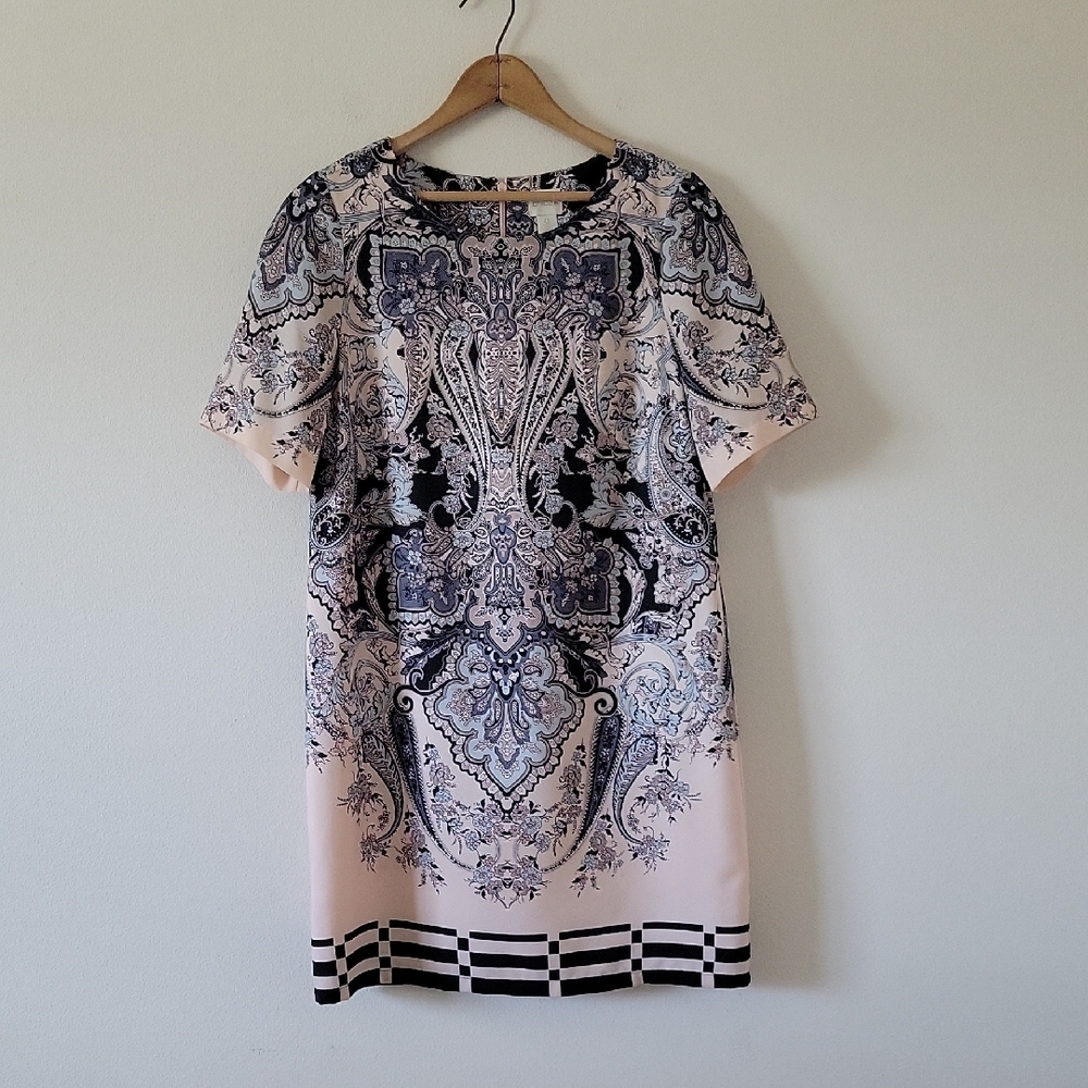 Chico's Blush Pink Black Paisley Scarf Print Shift Dress Size Small